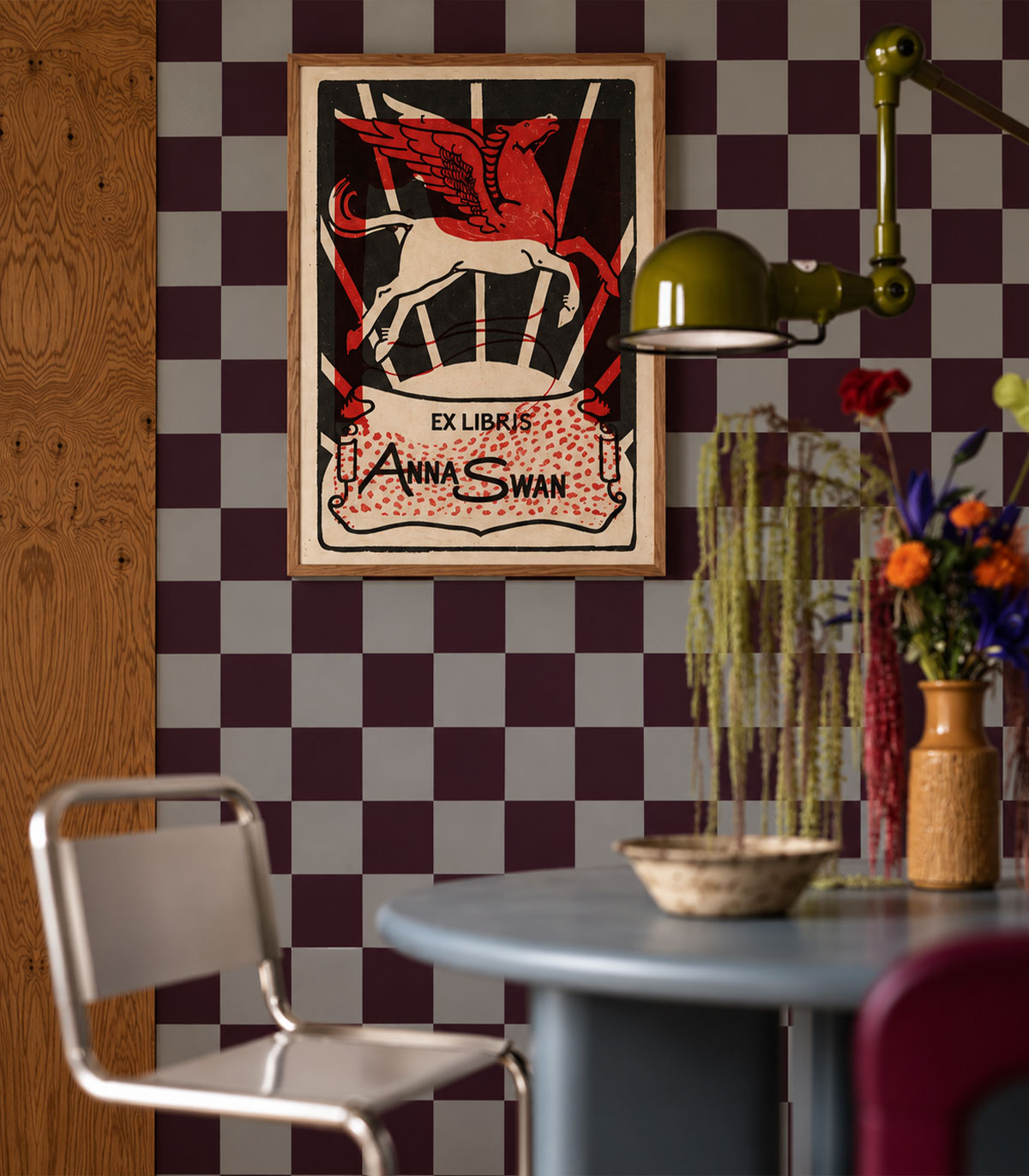 Papier peint Square Checks Deep Burgundy