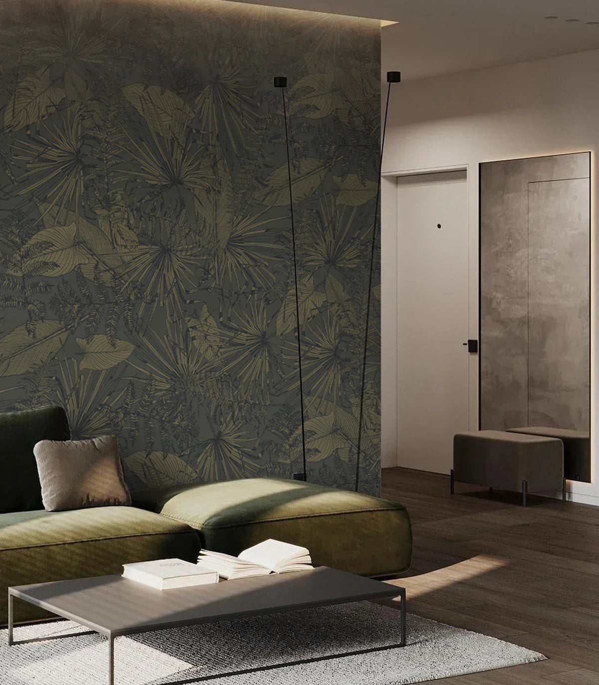 Nowoczesne biuro z fototapetą w geometryczne wzory w stonowanych kolorach